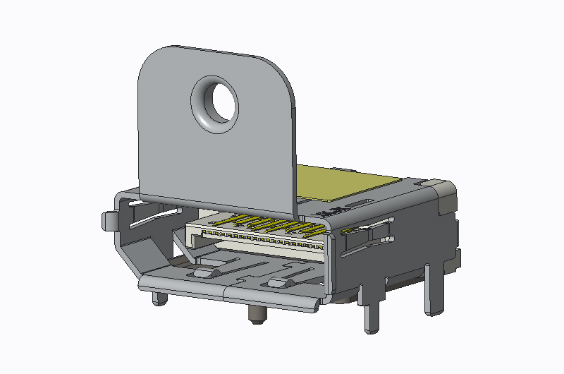 DP 90 degree SMT shell with screw hole H12.78, foot length 2.0, with positioning column